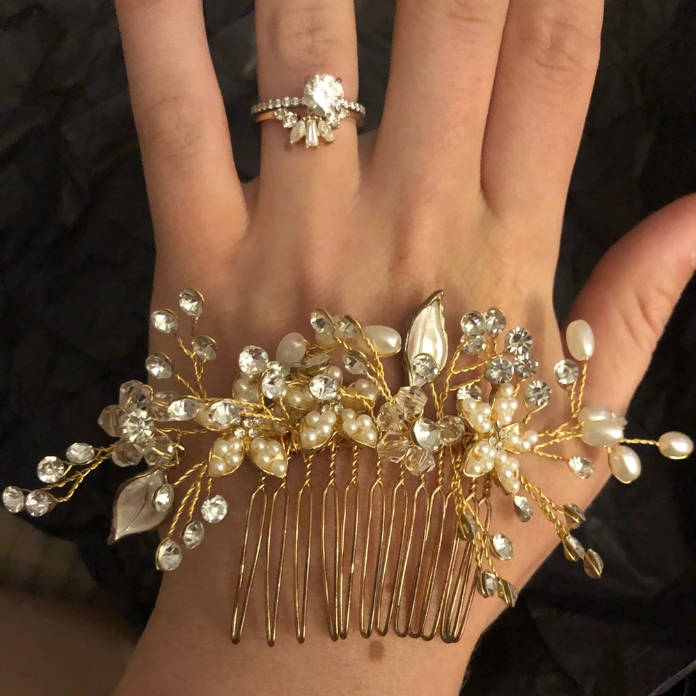 Bridal or formal wear gold and floral hair piece.
